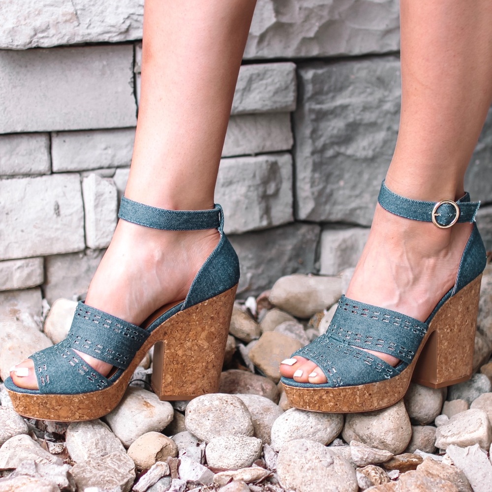 Denim and cork high heel